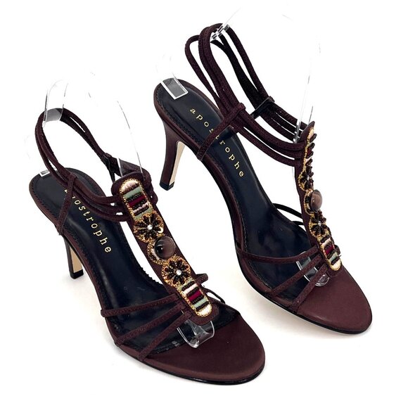 Apostrophe Reggae Embellished Brown Strappy Heels Shoe Womens 7.5M Beaded Detail - Picture 1 of 13